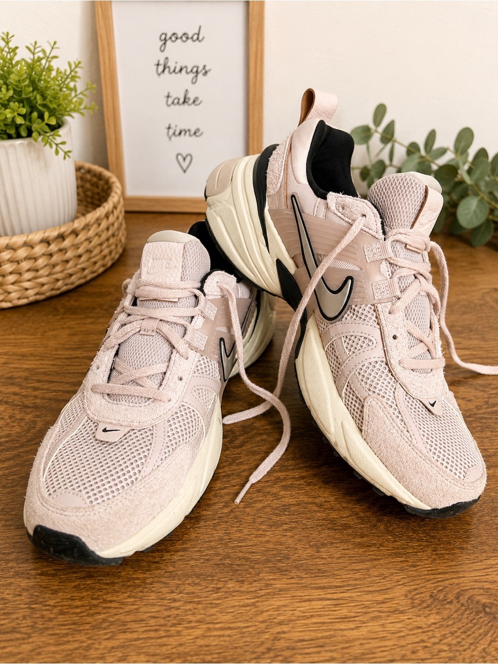 Nike Women’s Pink Chunky Mesh & Suede Sneakers V2K Run Platinum
